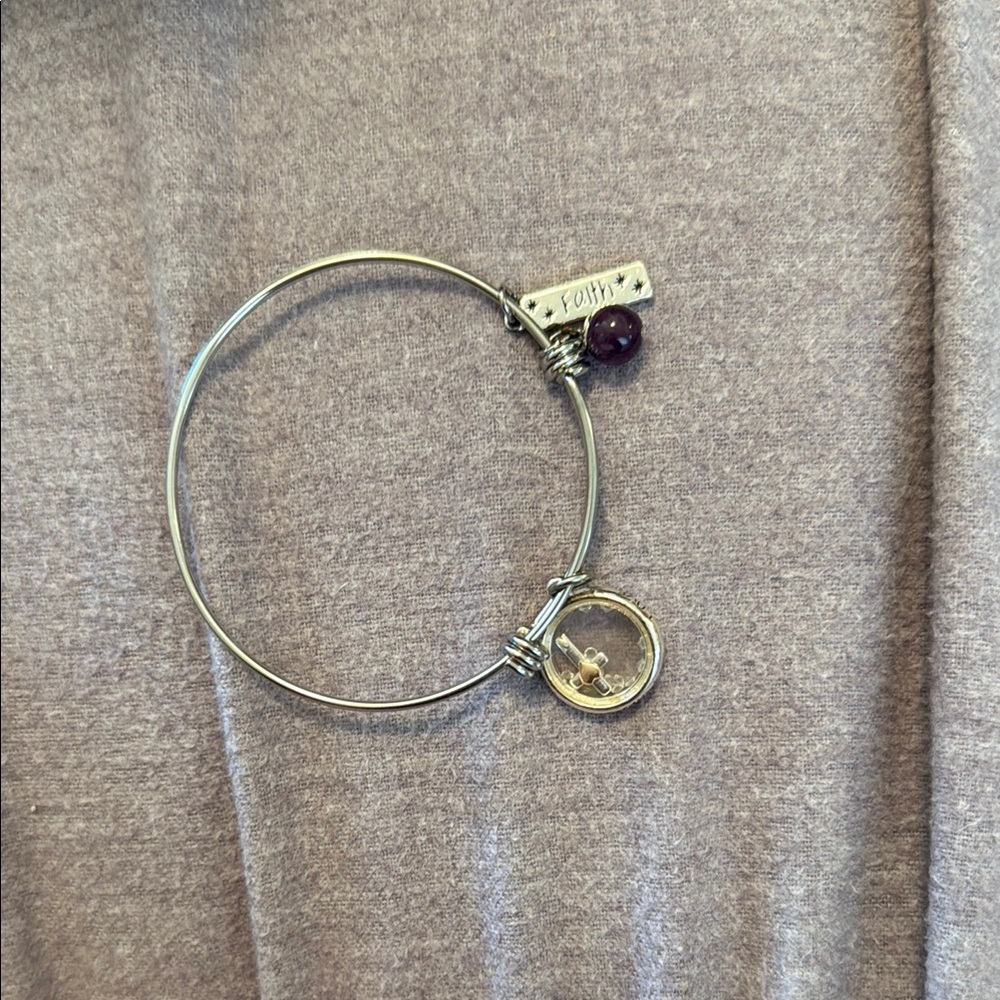 Silver Bangle Bracelet with Purple Charm